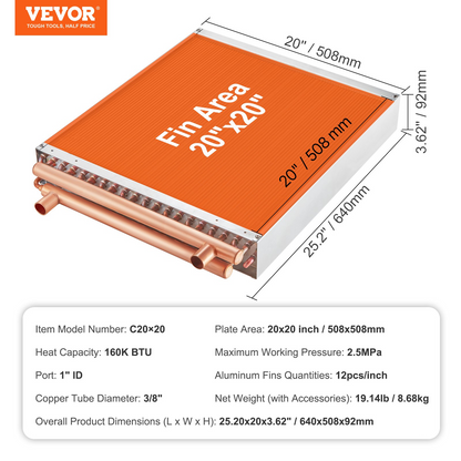 VEVOR 20"x 20"/50.8 x 50.8 cm Heat Exchanger Water to Air 3-Row 3/8"/ 1 cm Copper Ports 242 Fins
