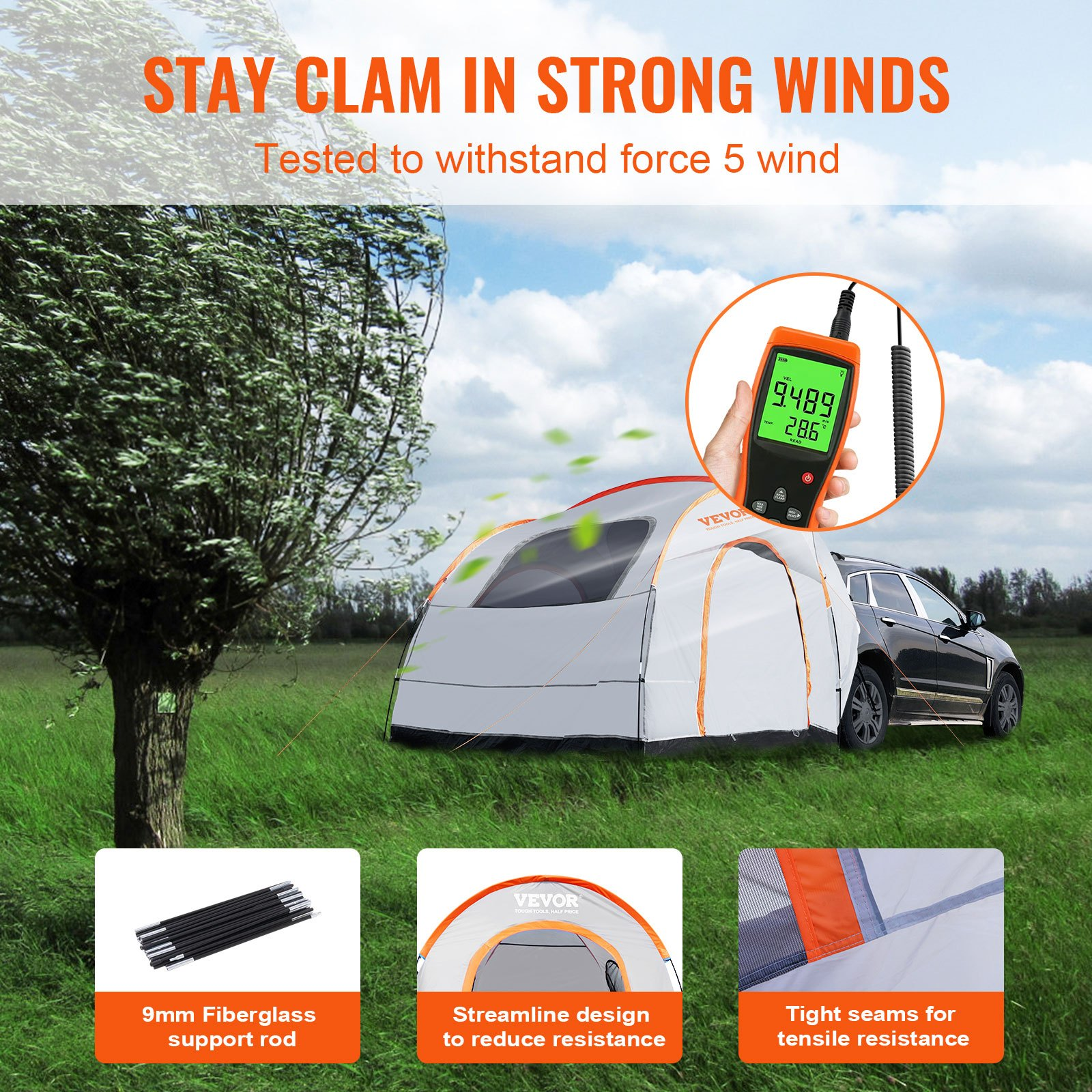 VEVOR SUV Camping Tent, 8'-8' SUV Tent Attachment for Camping with Rain Layer and Carry Bag, Waterproof PU2000mm Double Layer Truck Tent, Accommodate 6-8 Person, Rear Tent for Van Hatch Tailgate