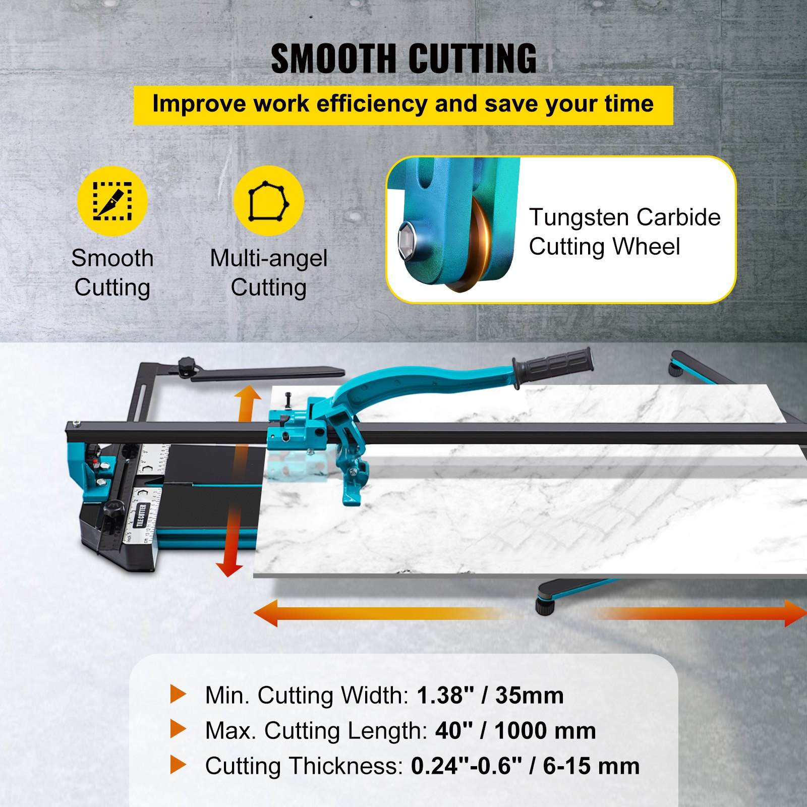 VEVOR Tile Cutter 99.1 cm Cutting Tool w/ Laser Guide Single Rail Double Brackets