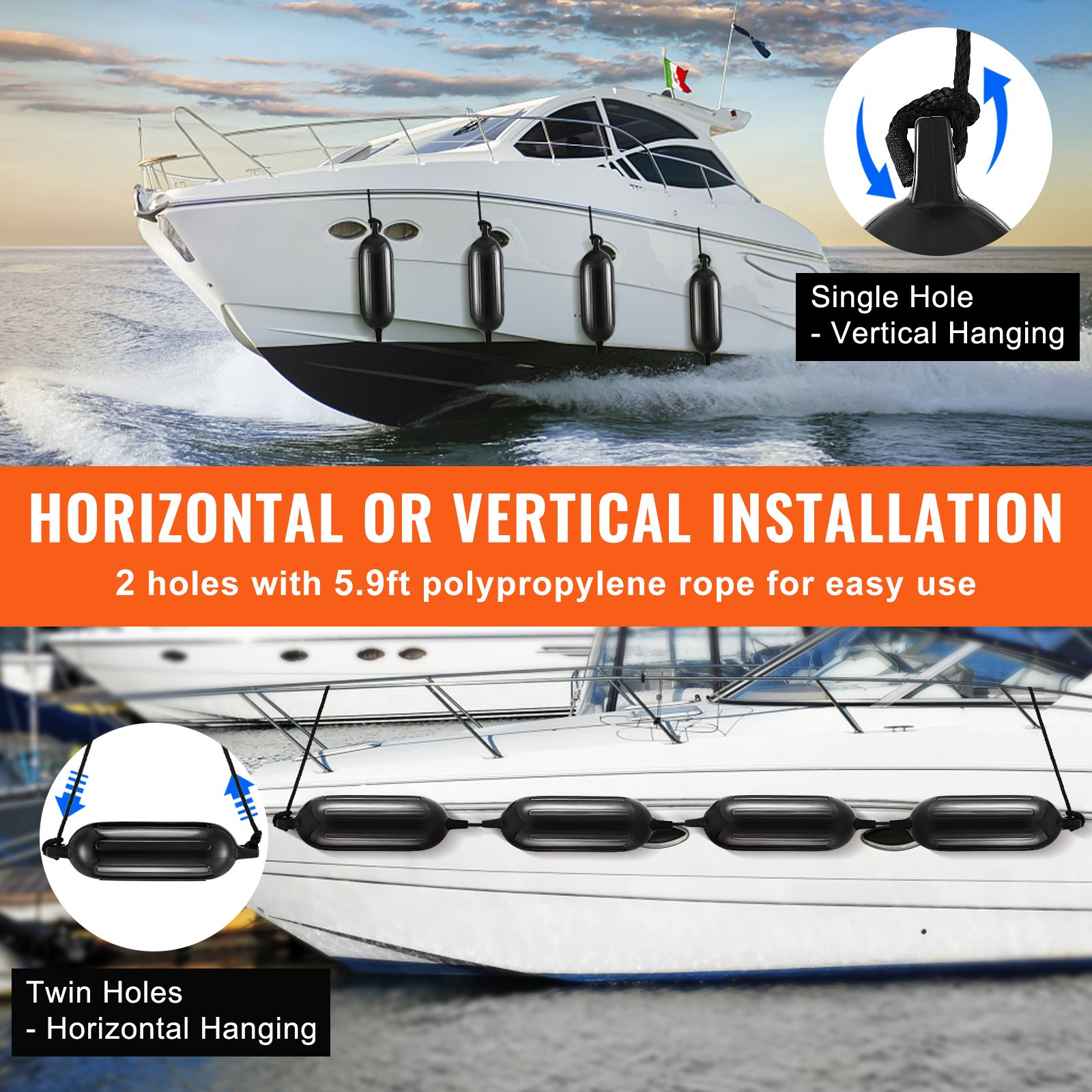 VEVOR Boat Fenders, 14 cm x 51 cm Boat Bumpers for Docking, Inflatable Ribbed Fender with Center Holes, Marine Boat Dock Fender Bumper with Air Pump, 4 Needles and 4 Ropes and Storage Bag, Black