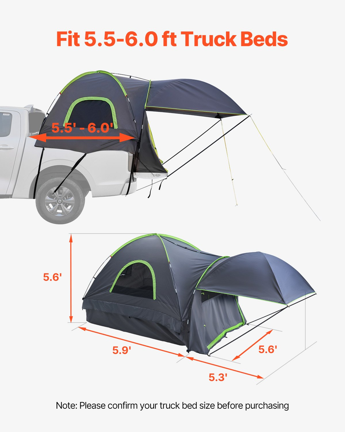 VEVOR Truck Tent 5.5-6.0ft Waterproof PU2000 Truck Bed Camping Tent 2-3 Person