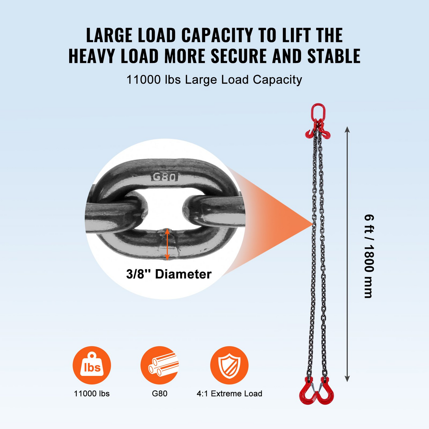 VEVOR 9.5mm x 182.9cm Chain Sling 2 Legs G80 Lifting Chain with Grab Hooks 4989.5 kg