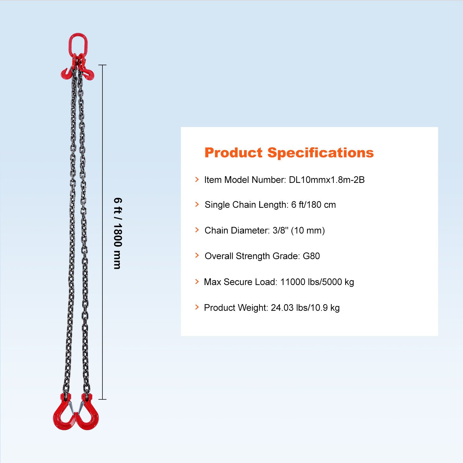 VEVOR 9.5mm x 182.9cm Chain Sling 2 Legs G80 Lifting Chain with Grab Hooks 4989.5 kg