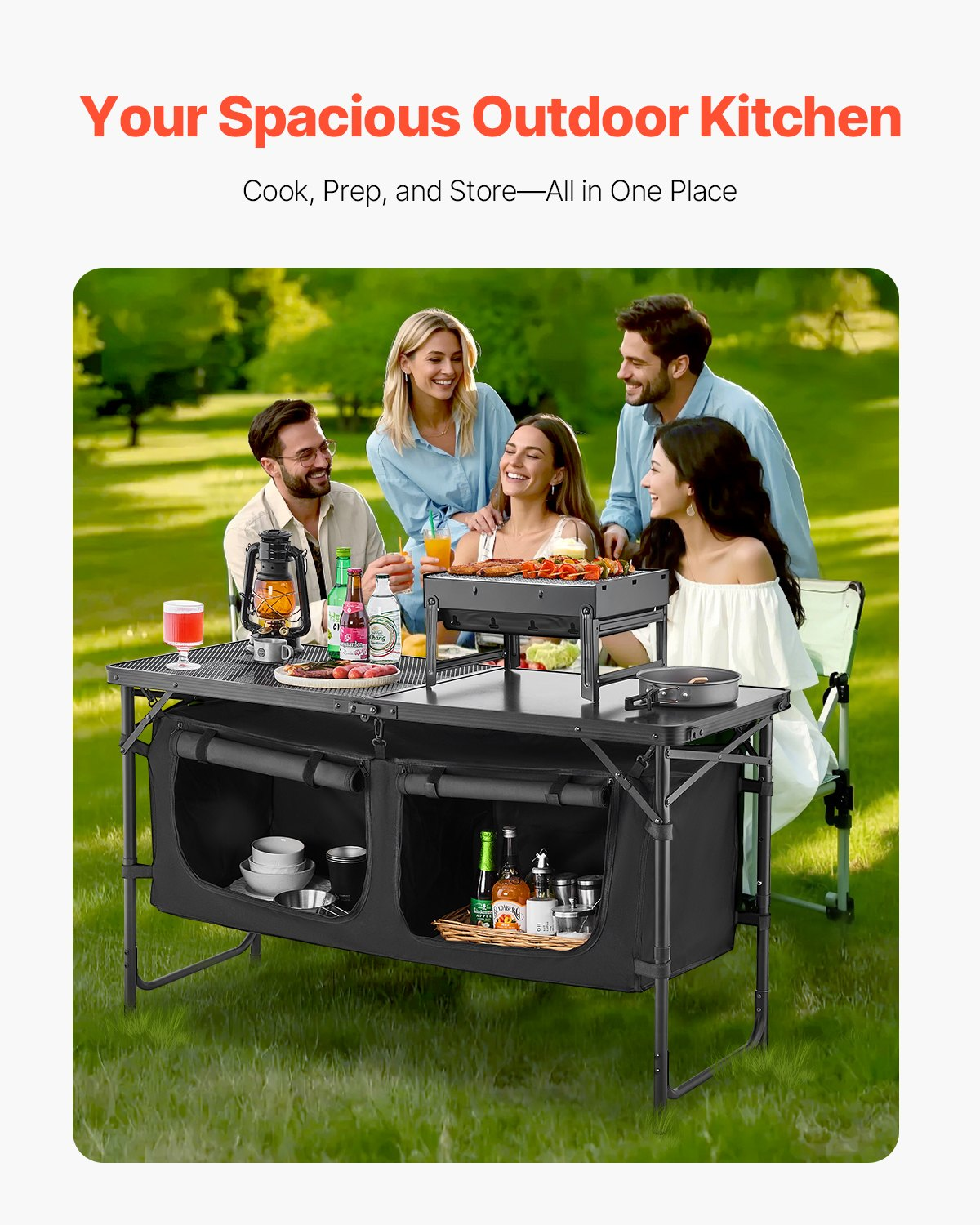 VEVOR Camping Kitchen Table Folding Portable Adjustable Cooking Station Storage