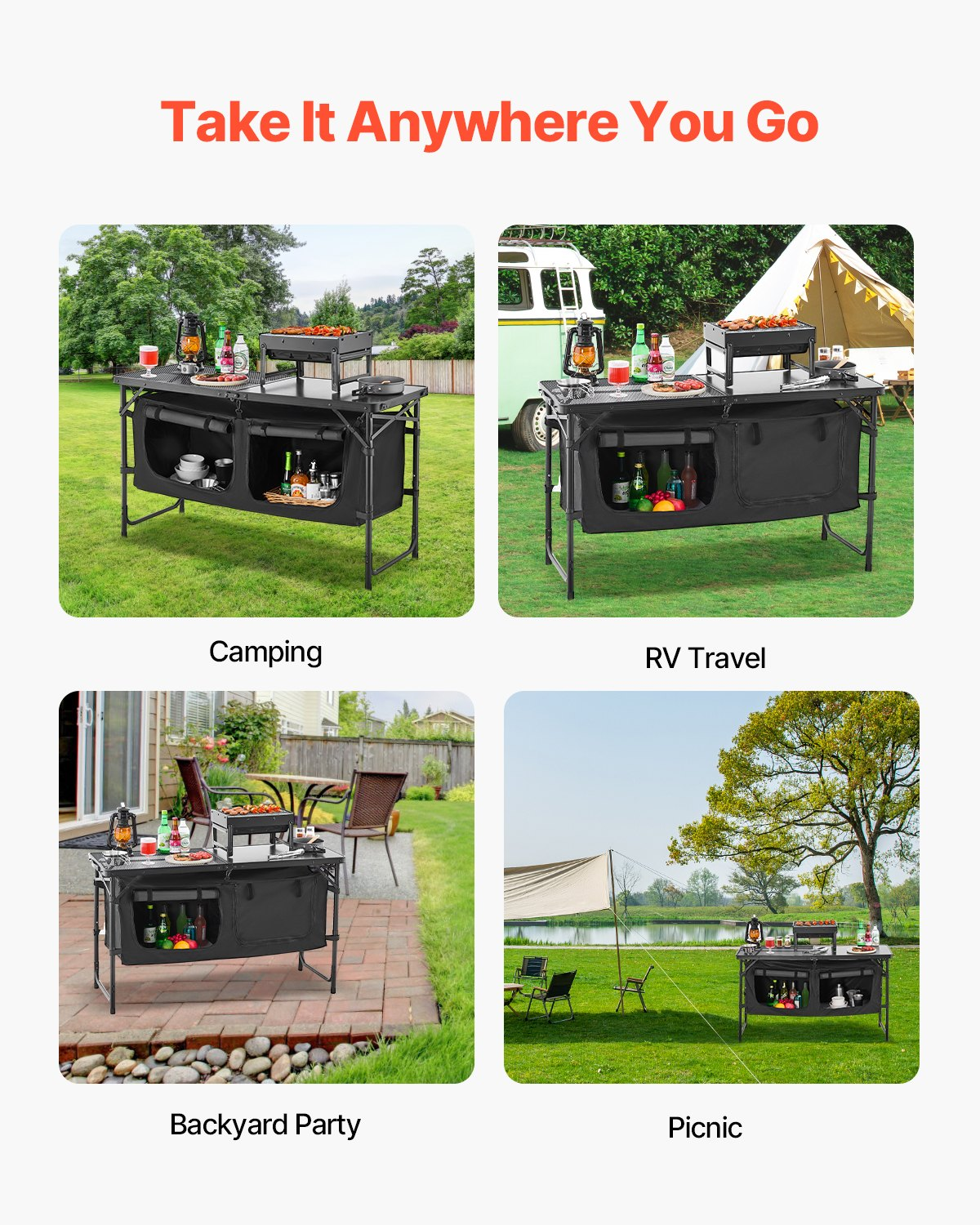 VEVOR Camping Kitchen Table Folding Portable Adjustable Cooking Station Storage
