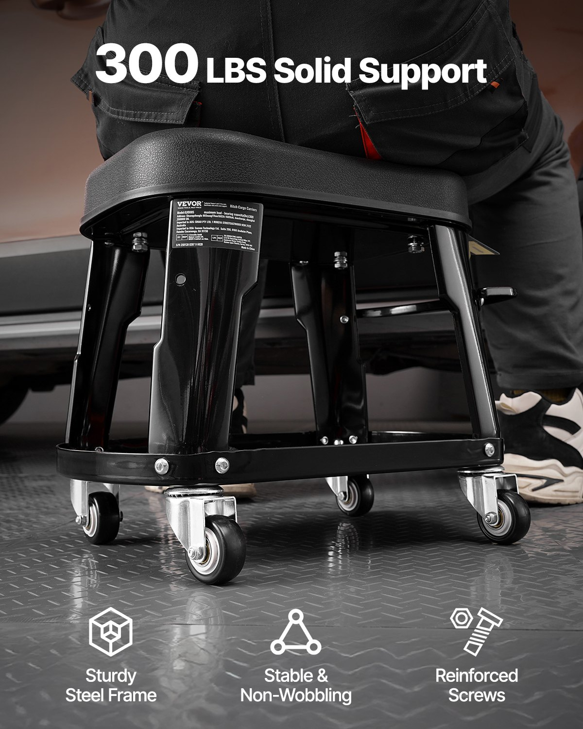 VEVOR Mechanic Stool Rolling Workshop Seat 300 lbs Load with Wheels & Tool Tray