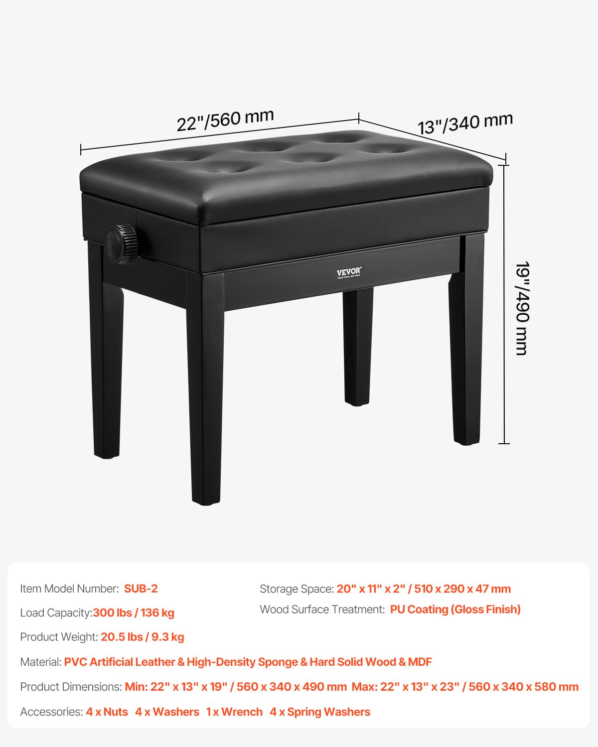 VEVOR Adjustable Piano Keyboard Bench Storage Padded Seat Wooden Bookcase Stool
