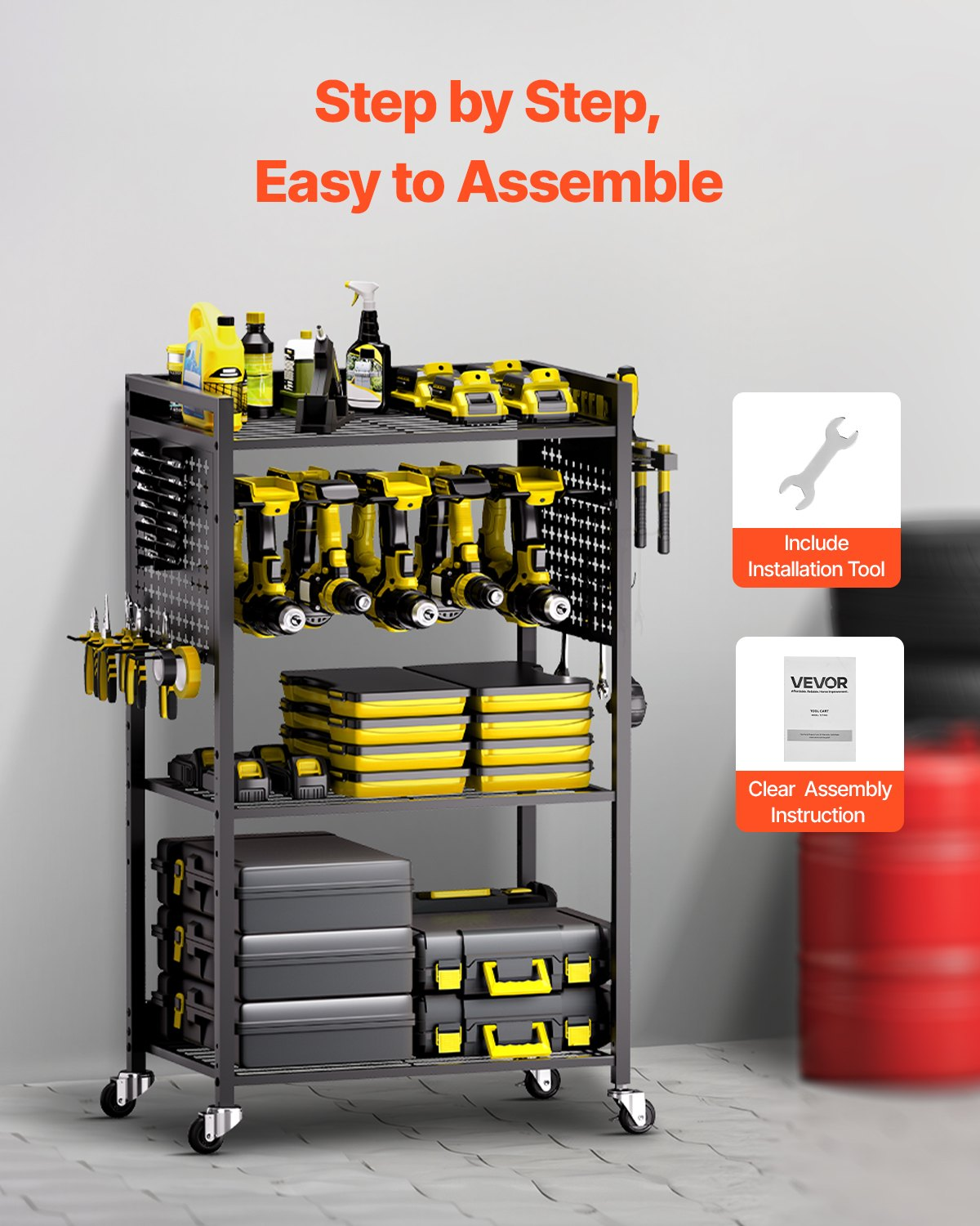 VEVOR 4-tier Tool Organizer Cart on Wheels 150 lbs Garage Cart for Workshop