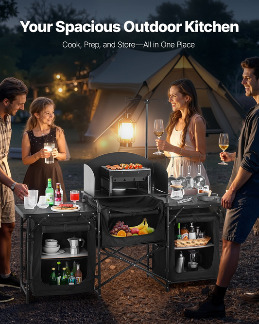 VEVOR Camping Kitchen Table Portable Outdoor Cook Station Windshield Cupboards