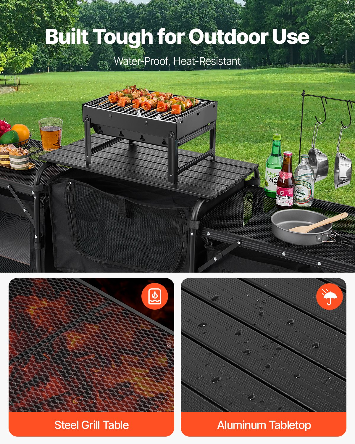 VEVOR Camping Kitchen Table Portable Outdoor Cook Station Windshield Cupboards