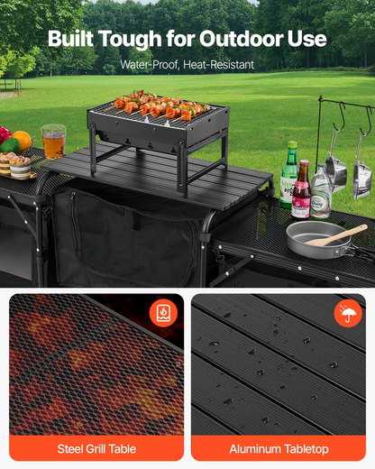 VEVOR Camping Kitchen Table Portable Outdoor Cook Station Windshield Cupboards