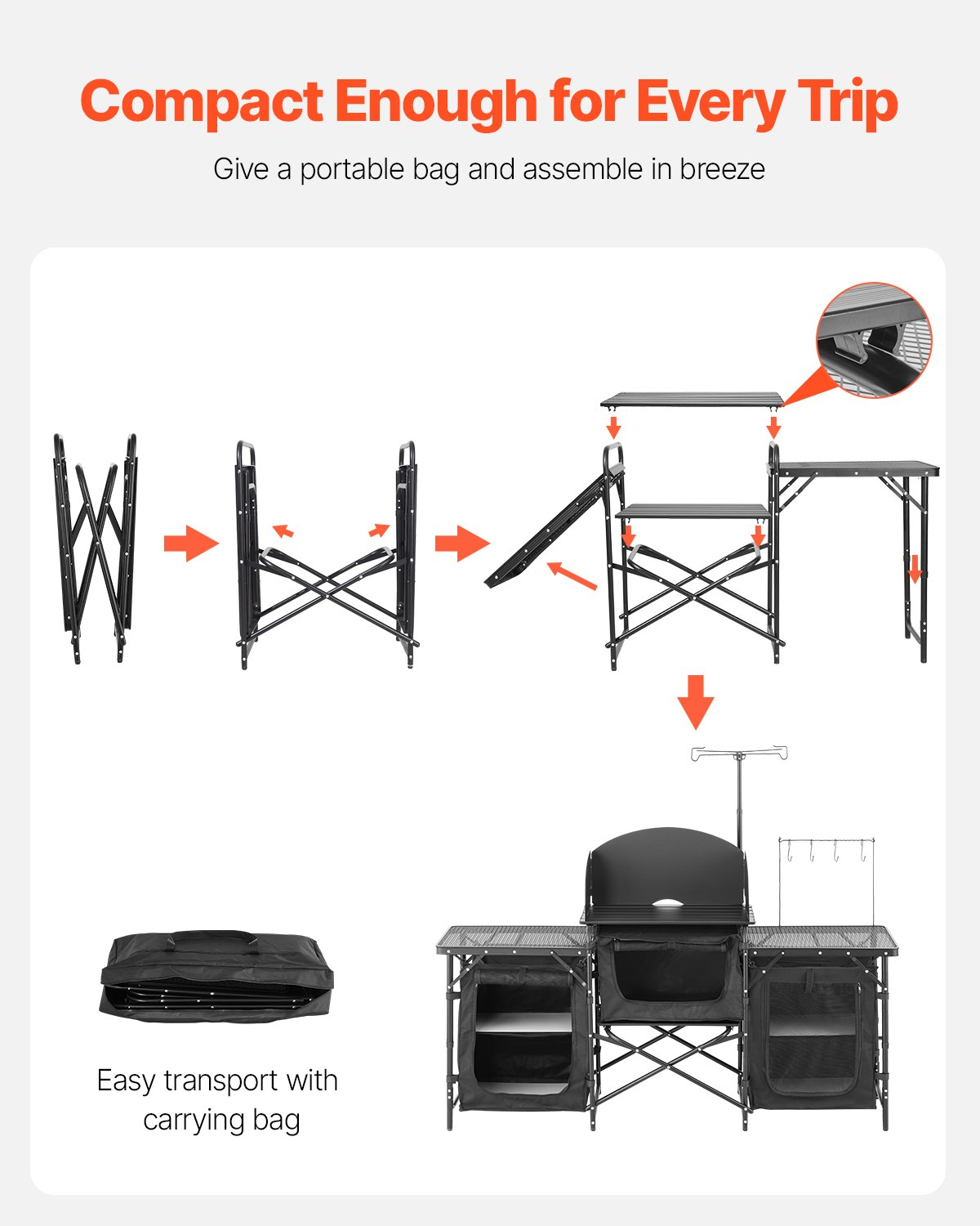 VEVOR Camping Kitchen Table Portable Outdoor Cook Station Windshield Cupboards