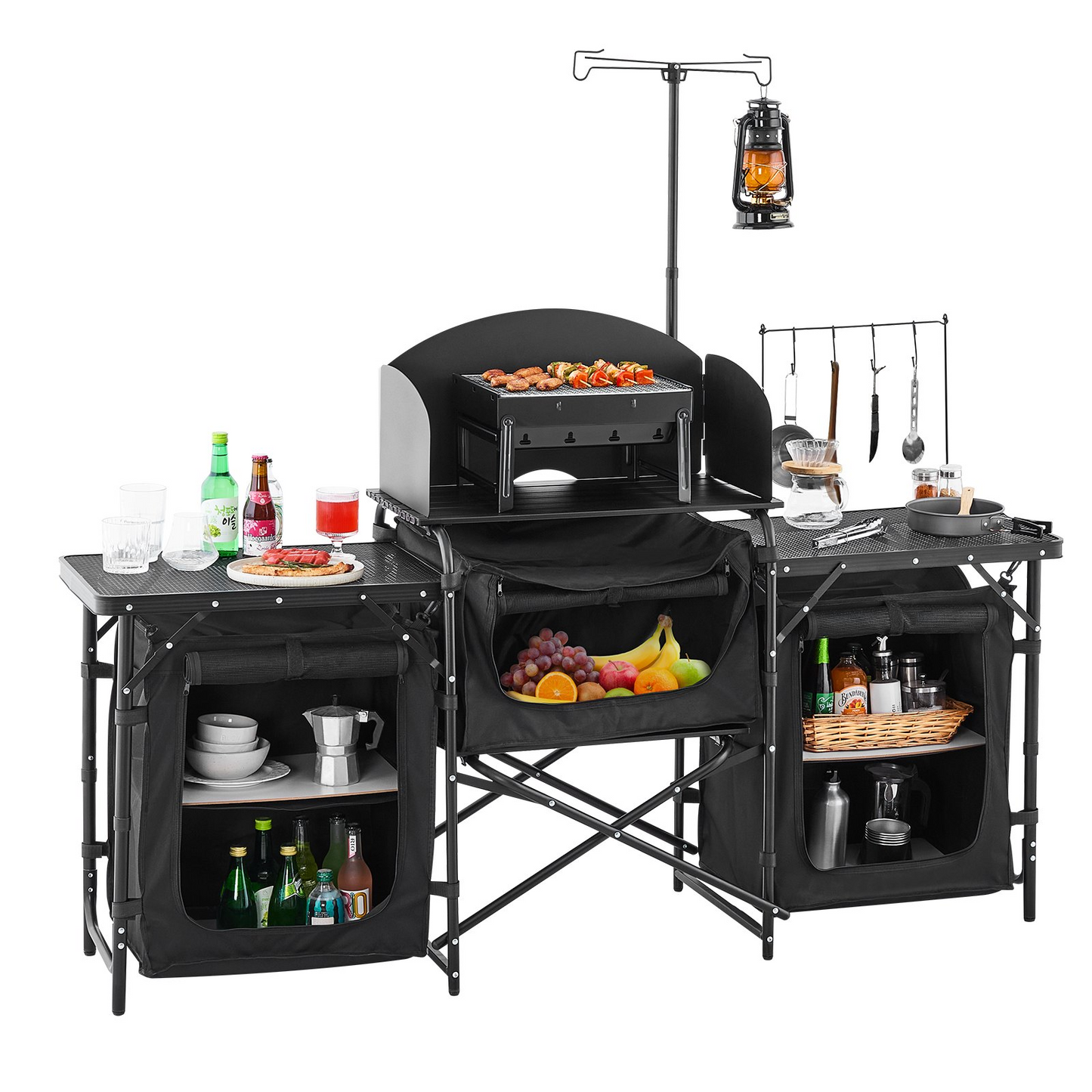 VEVOR Camping Kitchen Table Portable Outdoor Cook Station Windshield Cupboards