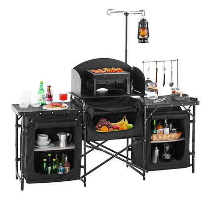 VEVOR Camping Kitchen Table Portable Outdoor Cook Station Windshield Cupboards