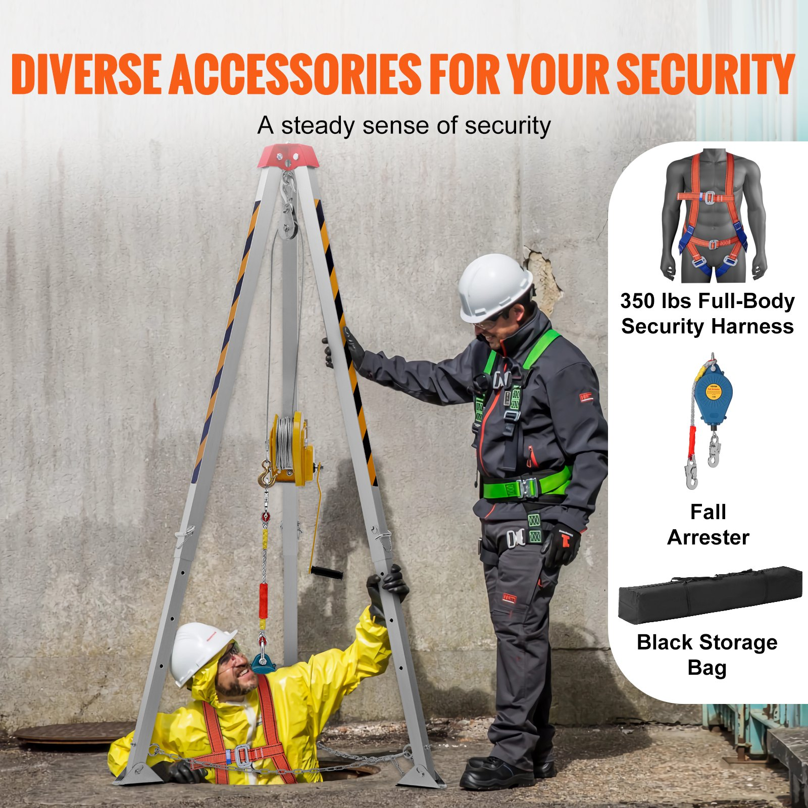 VEVOR Confined Space Tripod Kit, 816.4 kg Winch, Confined Space Tripod 2.13 m Legs and 30 m Cable, Confined Space Rescue Tripod 10 m Fall Protection, Harness, Storage Bag for Traditional Confined Spaces