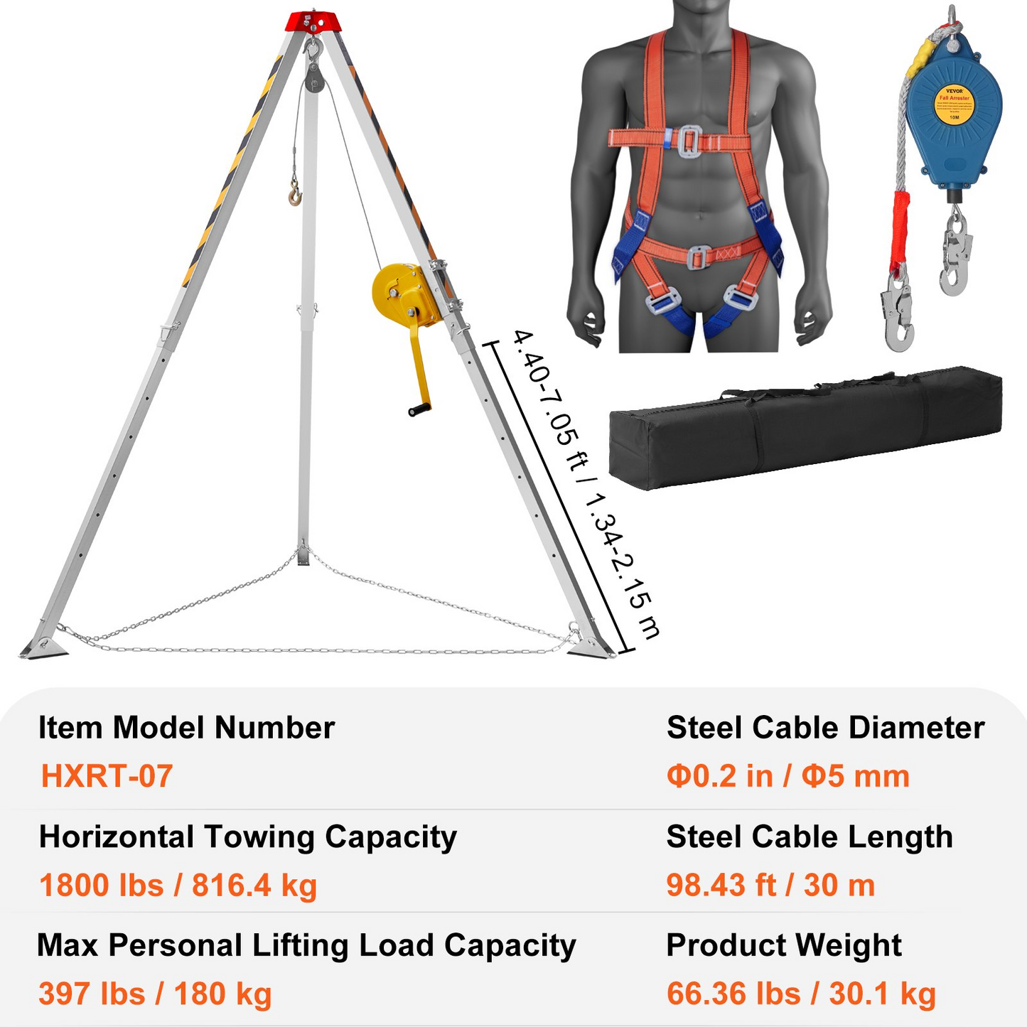 VEVOR Confined Space Tripod Kit, 816.4 kg Winch, Confined Space Tripod 2.13 m Legs and 30 m Cable, Confined Space Rescue Tripod 10 m Fall Protection, Harness, Storage Bag for Traditional Confined Spaces