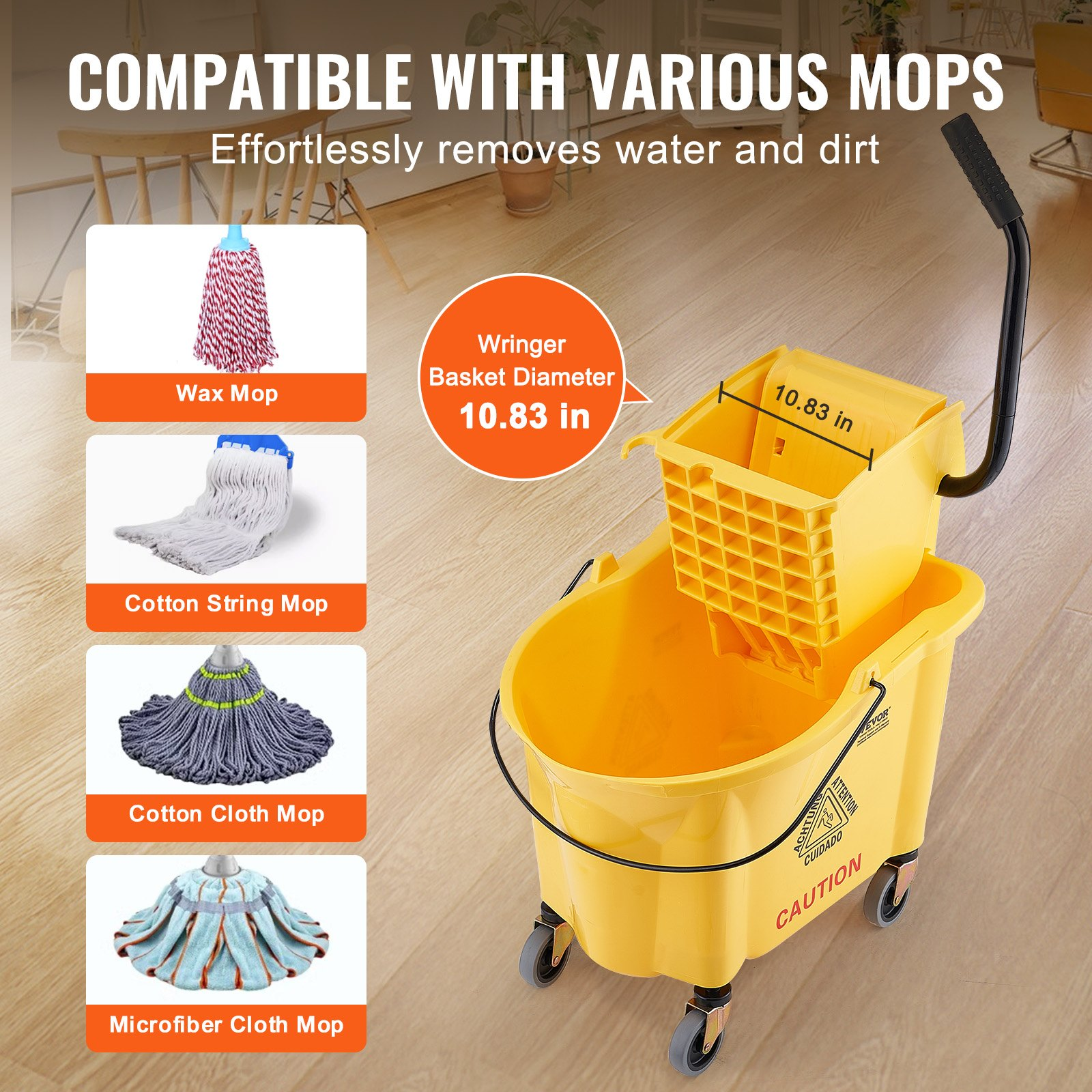 VEVOR Mop Bucket with Wringer, 35 Qt. Commercial Mop Bucket with Side Press Wringer, Side-Press Mop Bucket and Wringer Combo on Wheels, for Professional/Industrial/Business Floor Cleaning, Yellow