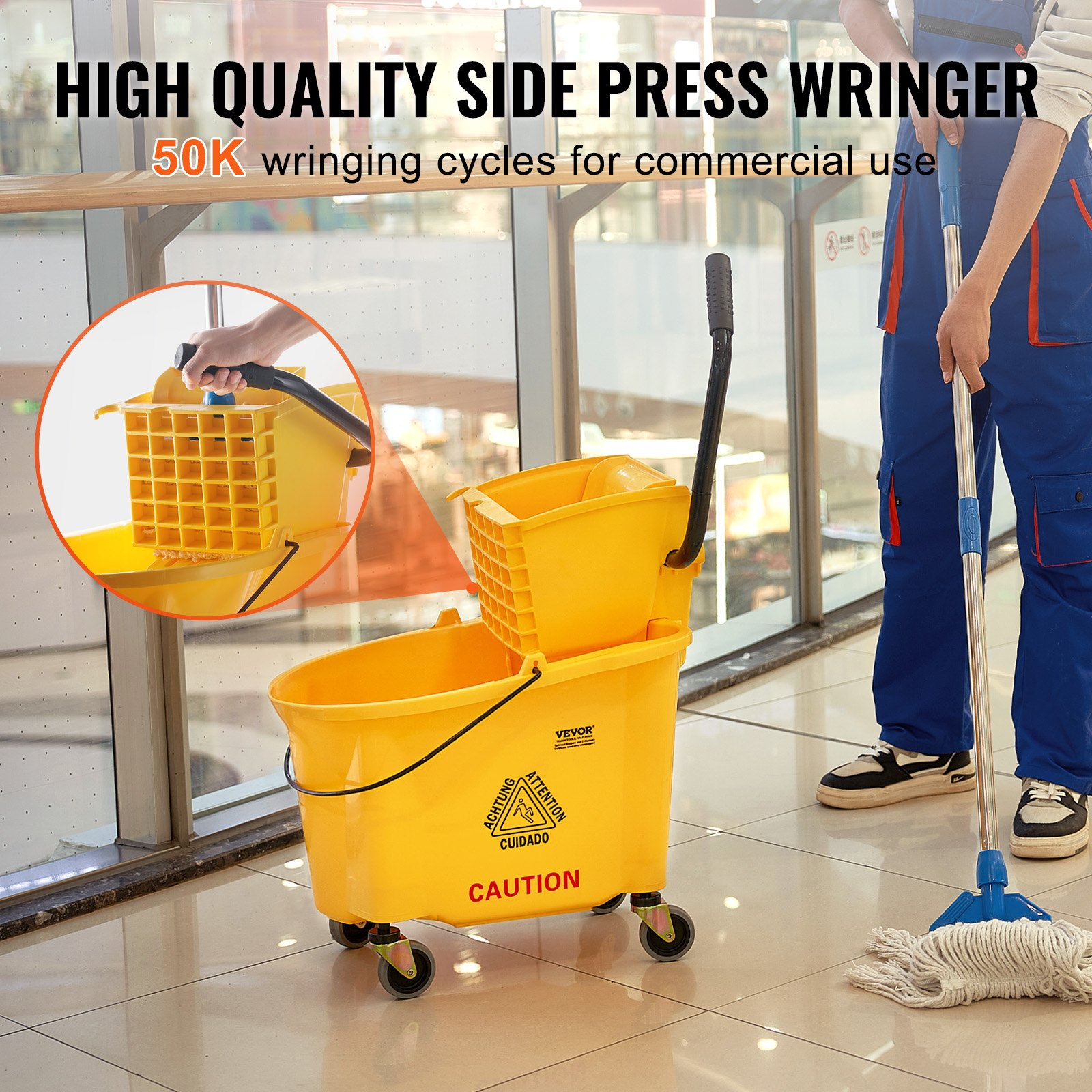 VEVOR Mop Bucket with Wringer, 35 Qt. Commercial Mop Bucket with Side Press Wringer, Side-Press Mop Bucket and Wringer Combo on Wheels, for Professional/Industrial/Business Floor Cleaning, Yellow