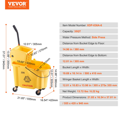 VEVOR Mop Bucket with Wringer, 35 Qt. Commercial Mop Bucket with Side Press Wringer, Side-Press Mop Bucket and Wringer Combo on Wheels, for Professional/Industrial/Business Floor Cleaning, Yellow