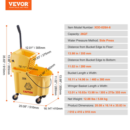 VEVOR Mop Bucket with Wringer, 26 Qt. Commercial Mop Bucket with Side Press Wringer, Side-Press Mop Bucket and Wringer Combo on Wheels, for Professional/Industrial/Business Floor Cleaning, Yellow