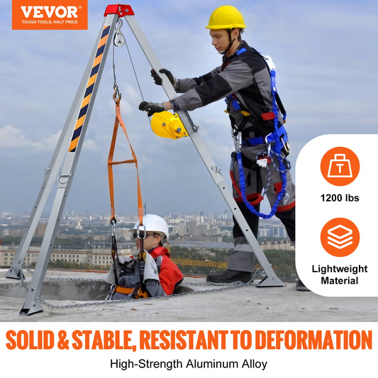VEVOR Confined Space Tripod Kit, 544 kg Winch, Confined Space Tripod 2.13 m Legs and 30 m Cable, Confined Space Rescue Tripod 10 m Fall Protection, Harness, Storage Bag for Traditional Confined Spaces