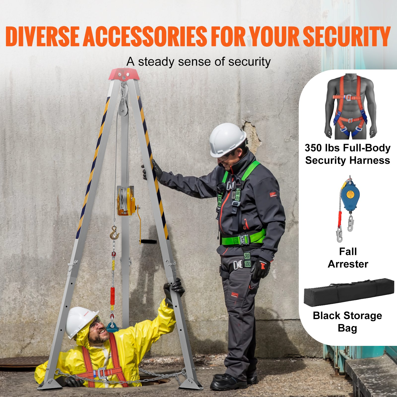 VEVOR Confined Space Tripod Kit, 544 kg Winch, Confined Space Tripod 2.13 m Legs and 30 m Cable, Confined Space Rescue Tripod 10 m Fall Protection, Harness, Storage Bag for Traditional Confined Spaces