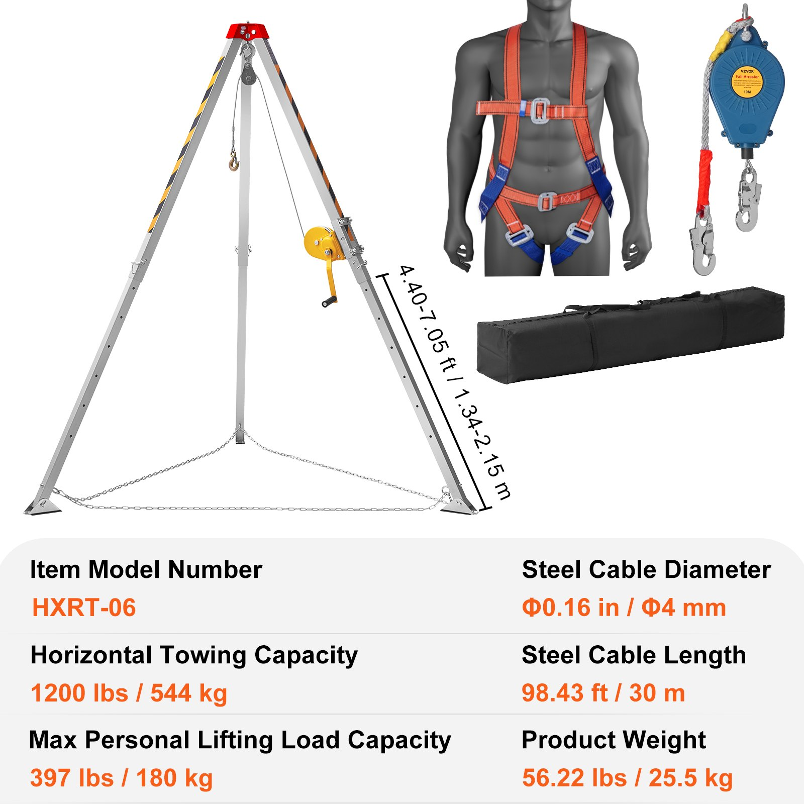 VEVOR Confined Space Tripod Kit, 544 kg Winch, Confined Space Tripod 2.13 m Legs and 30 m Cable, Confined Space Rescue Tripod 10 m Fall Protection, Harness, Storage Bag for Traditional Confined Spaces