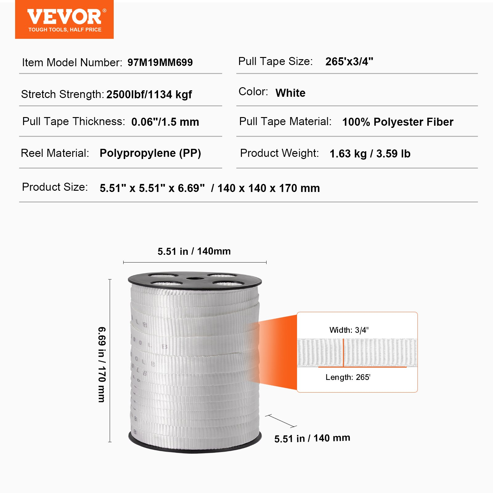 VEVOR Polyester Pulling Tape Mule Tape 3/4" x 265' 2500 lbf Tensile Capacity