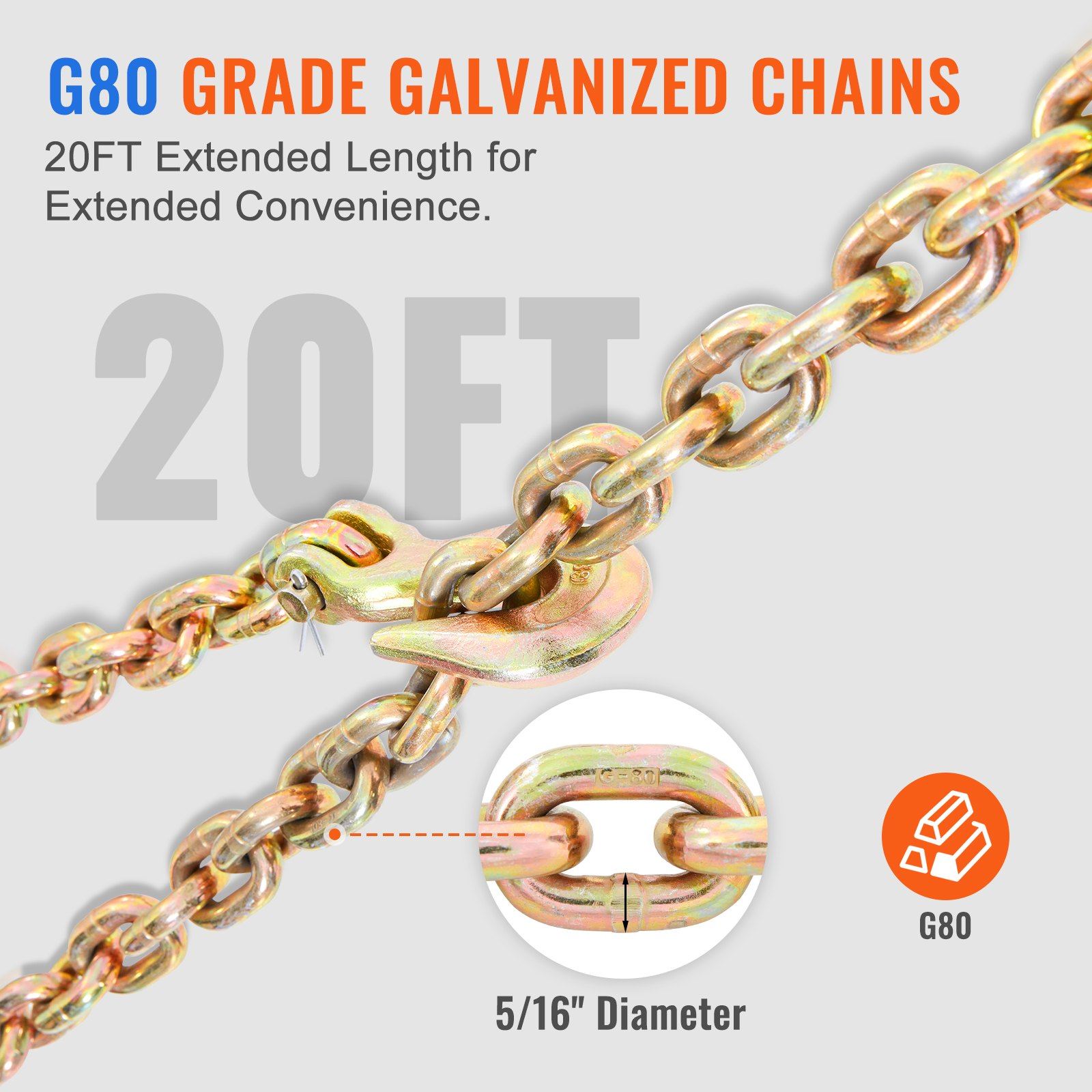 VEVOR Ratchet Chain Binder, 0.8 - 0.9 cm Heavy Duty Load Binders, with G80 Chains 3220 kg Secure Load Limit, Labor-saving Anti-skid Handle, Tie Down Hauling Chain Binders for Flatbed Truck Trailer, 4 P