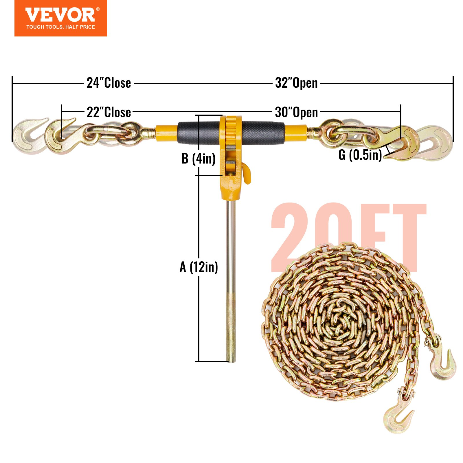 VEVOR Ratchet Chain Binder, 0.8 - 0.9 cm Heavy Duty Load Binders, with G80 Chains 3220 kg Secure Load Limit, Labor-saving Anti-skid Handle, Tie Down Hauling Chain Binders for Flatbed Truck Trailer, 4 P