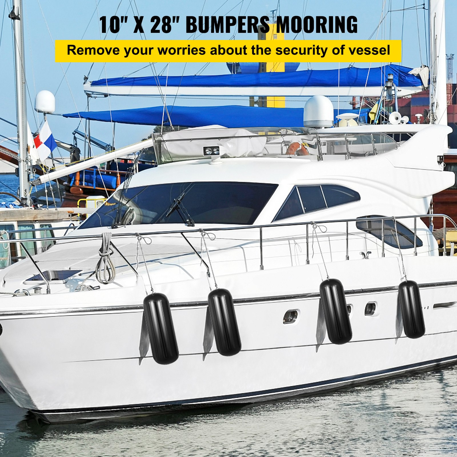 VEVOR 4 Ribbed Boat Fenders 10"x28" Black Center Hole Bumpers Mooring Protection