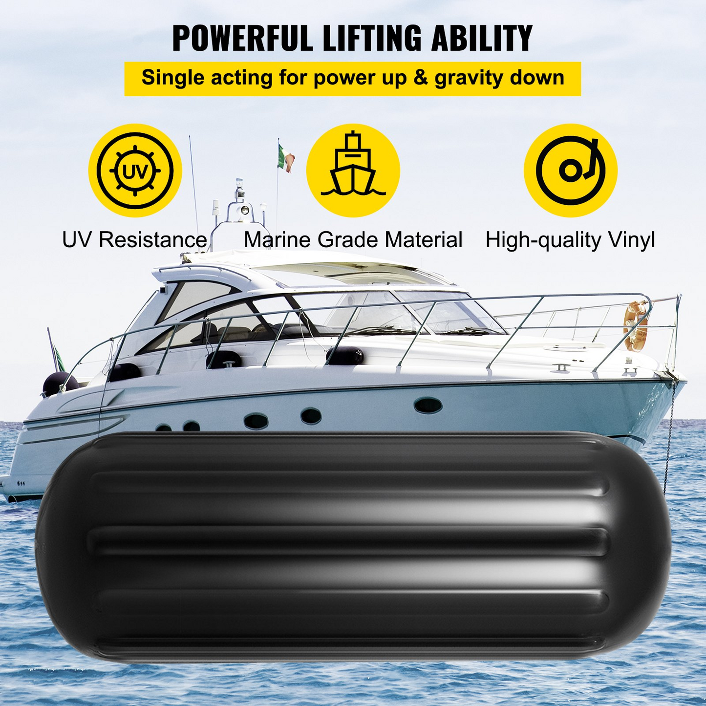VEVOR 4 Ribbed Boat Fenders 10"x28" Black Center Hole Bumpers Mooring Protection
