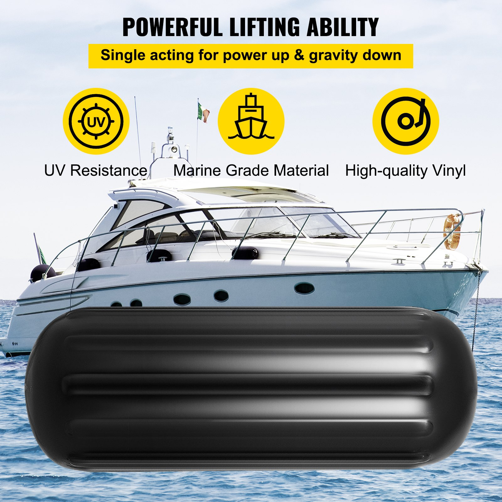 VEVOR 4 Ribbed Boat Fenders 10"x28" Black Center Hole Bumpers Mooring Protection