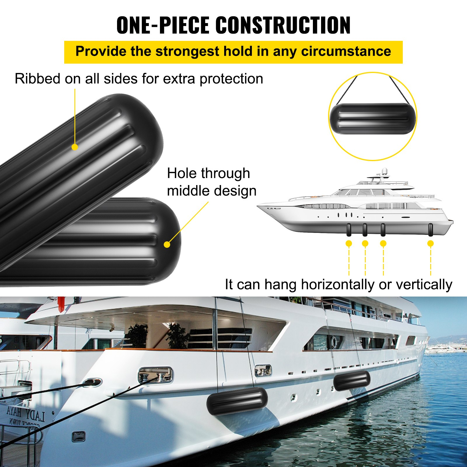 VEVOR 4 Ribbed Boat Fenders 10"x28" Black Center Hole Bumpers Mooring Protection