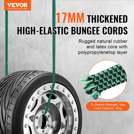 VEVOR 32 Pcs Flat Bungee Cord Set 17 mm Heavy Duty Bungee Straps with J-Hooks