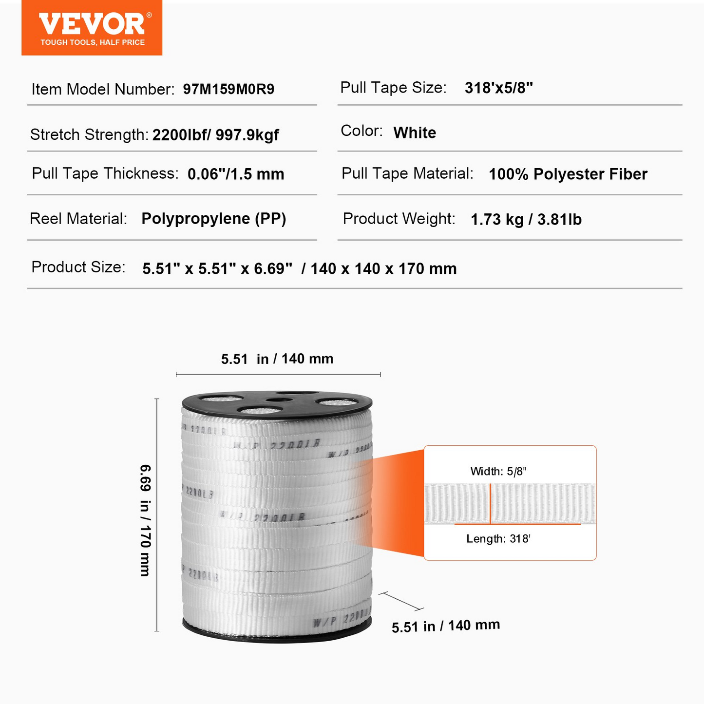 VEVOR Polyester Pulling Tape Mule Tape 5/8" x 318' 2200 lbf Tensile Capacity