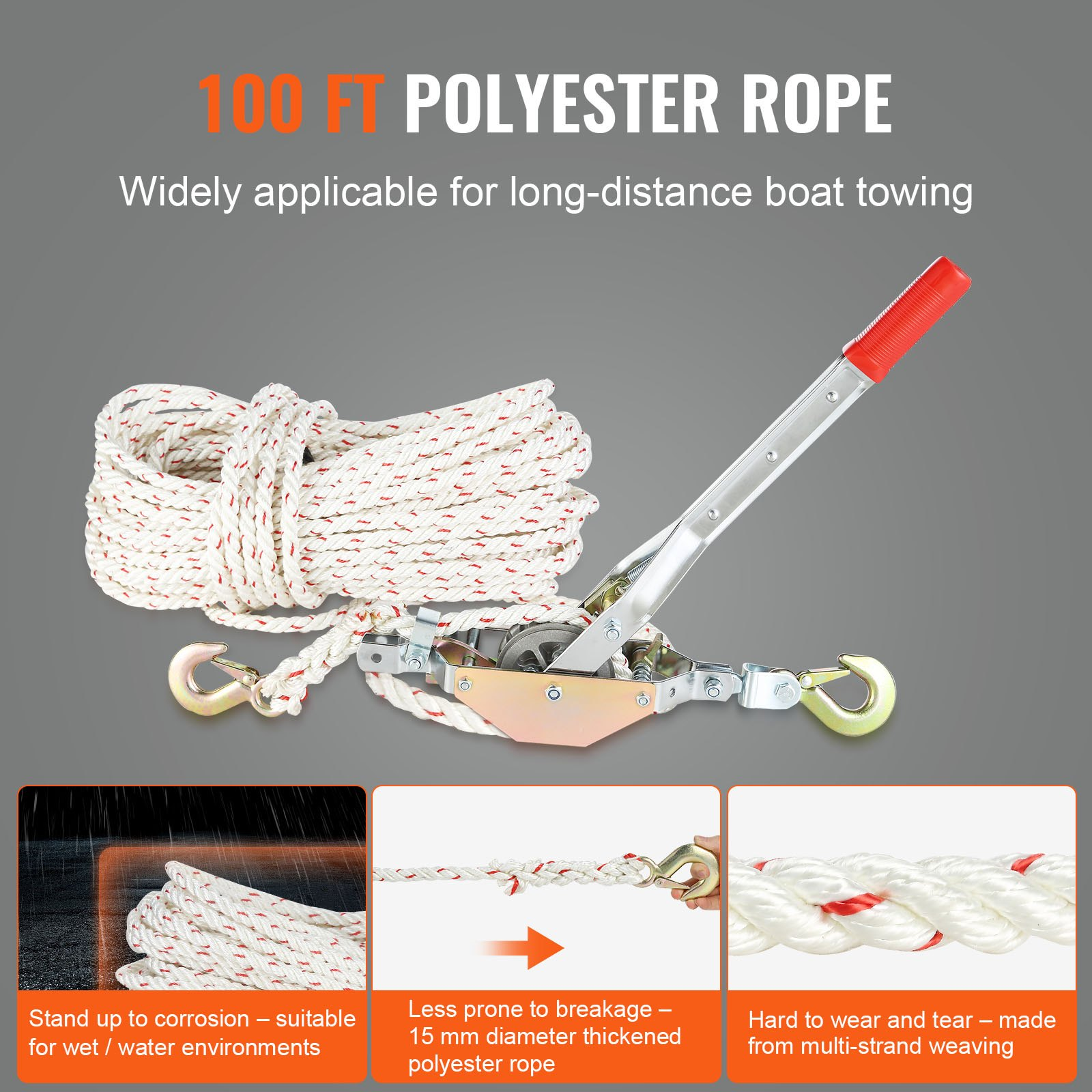VEVOR Rope Puller, 3/4 Ton (750 kg) Pulling Capacity, with 30.48 m of 1.52 cm dia. Rope, 2 Hook, Come Along Winch, Heavy Duty Ratchet Power Puller Tool for Moving Boats, Securing Items, Transporting Logs