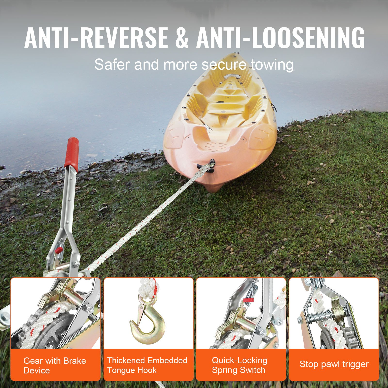 VEVOR Rope Puller, 3/4 Ton (750 kg) Pulling Capacity, with 30.48 m of 1.52 cm dia. Rope, 2 Hook, Come Along Winch, Heavy Duty Ratchet Power Puller Tool for Moving Boats, Securing Items, Transporting Logs