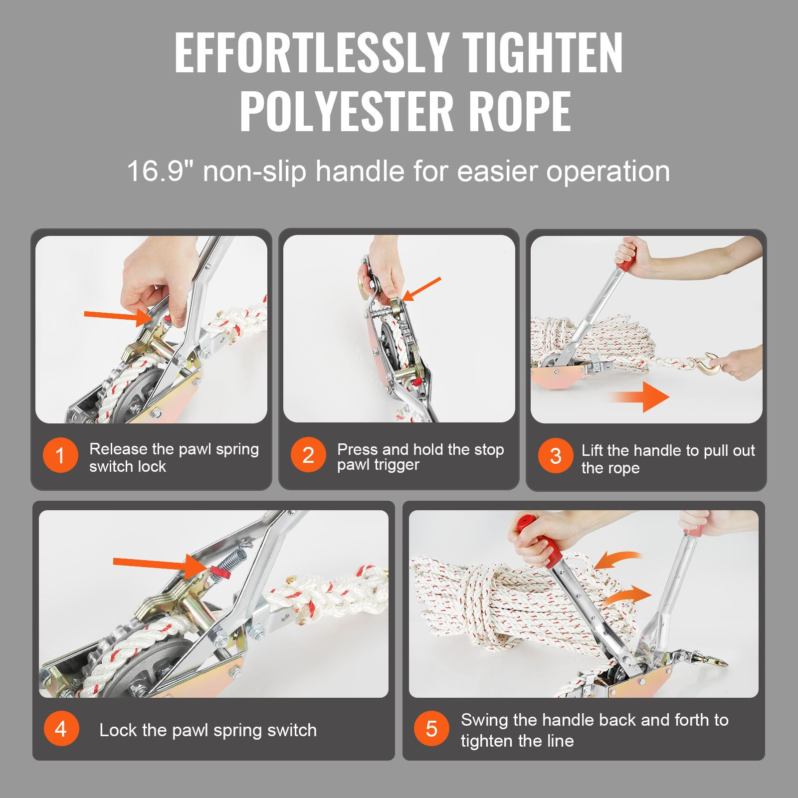 VEVOR Rope Puller, 3/4 Ton (750 kg) Pulling Capacity, with 30.48 m of 1.52 cm dia. Rope, 2 Hook, Come Along Winch, Heavy Duty Ratchet Power Puller Tool for Moving Boats, Securing Items, Transporting Logs