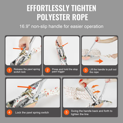 VEVOR Rope Puller, 3/4 Ton (750 kg) Pulling Capacity, with 30.48 m of 1.52 cm dia. Rope, 2 Hook, Come Along Winch, Heavy Duty Ratchet Power Puller Tool for Moving Boats, Securing Items, Transporting Logs