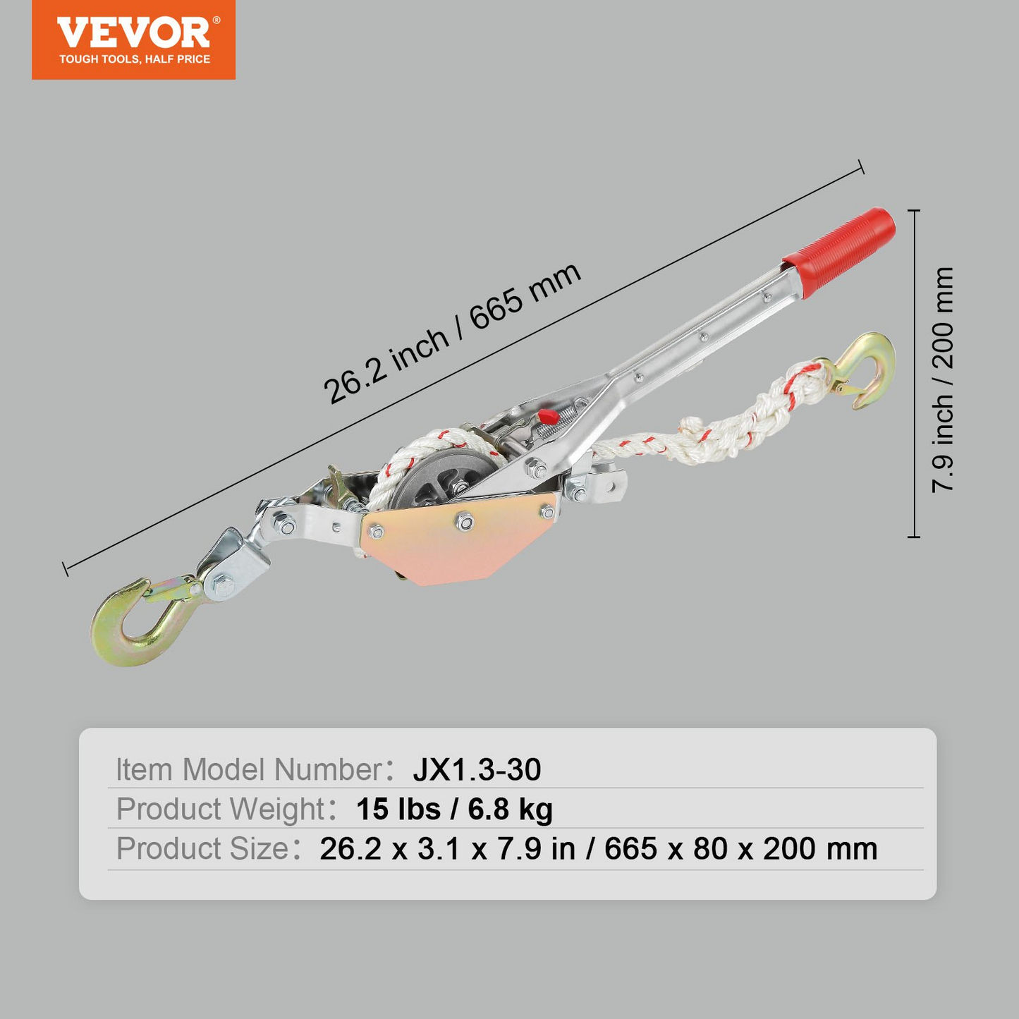 VEVOR Rope Puller, 3/4 Ton (750 kg) Pulling Capacity, with 30.48 m of 1.52 cm dia. Rope, 2 Hook, Come Along Winch, Heavy Duty Ratchet Power Puller Tool for Moving Boats, Securing Items, Transporting Logs