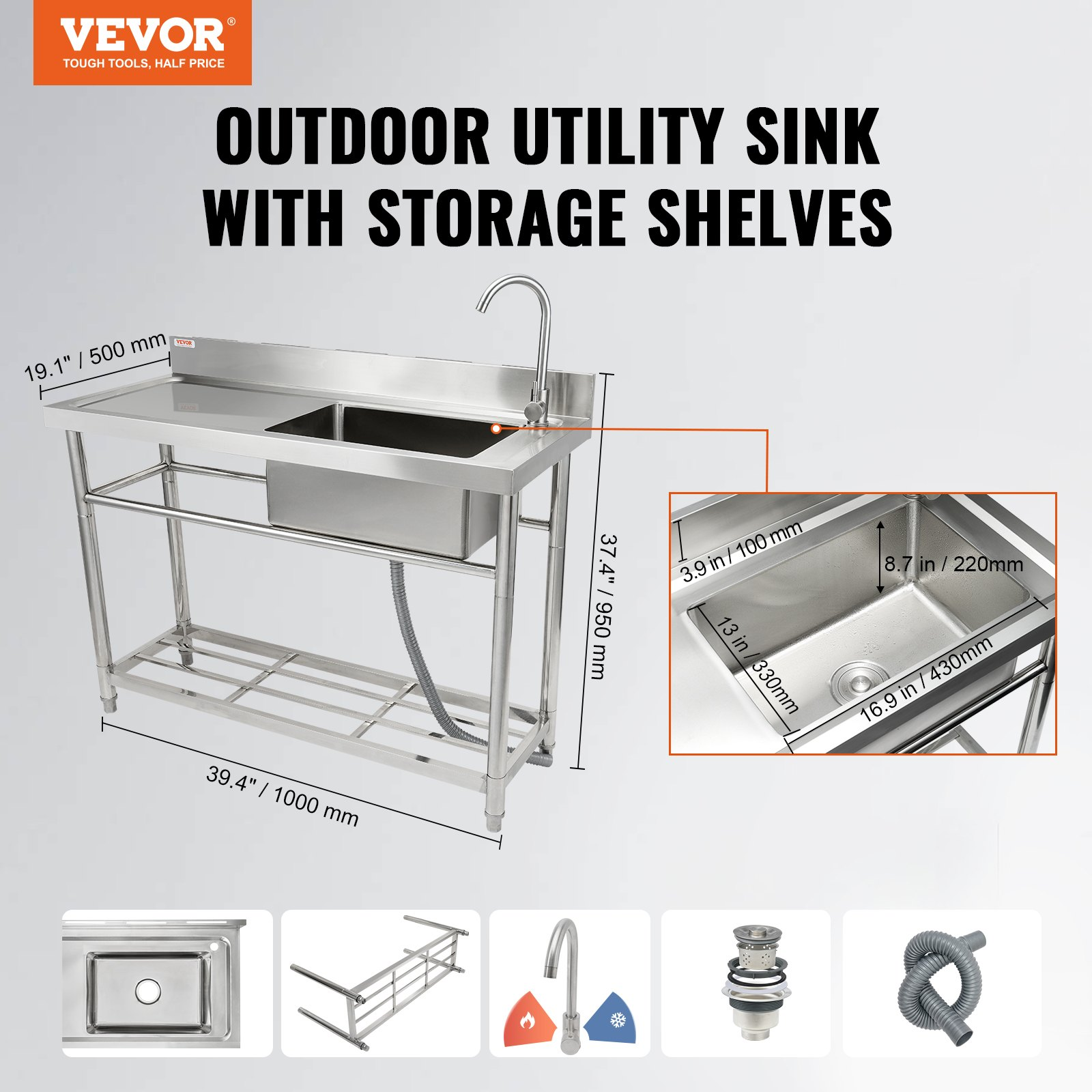 VEVOR Stainless Steel Utility Sink, Free Standing Single Bowl Commercial Kitchen Sink Set w/Workbench, 100.1 x 48.5 x 95 cm Commercial Single Bowl Sinks for Garage, Restaurant, Laundry, NSF Certified