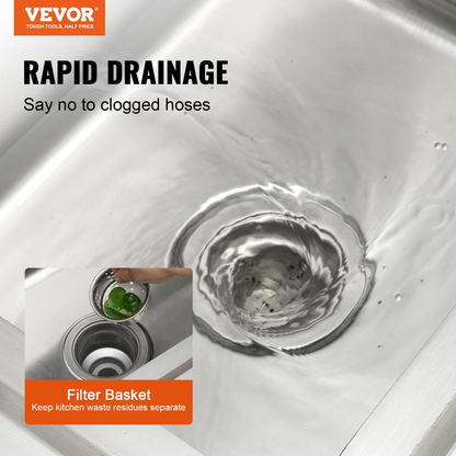 VEVOR Stainless Steel Utility Sink, Free Standing Single Bowl Commercial Kitchen Sink Set w/Workbench, 100.1 x 48.5 x 95 cm Commercial Single Bowl Sinks for Garage, Restaurant, Laundry, NSF Certified