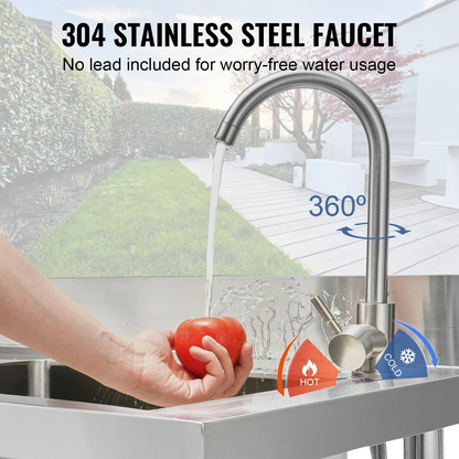 VEVOR Stainless Steel Utility Sink, Free Standing Single Bowl Commercial Kitchen Sink Set w/Workbench, 100.1 x 48.5 x 95 cm Commercial Single Bowl Sinks for Garage, Restaurant, Laundry, NSF Certified