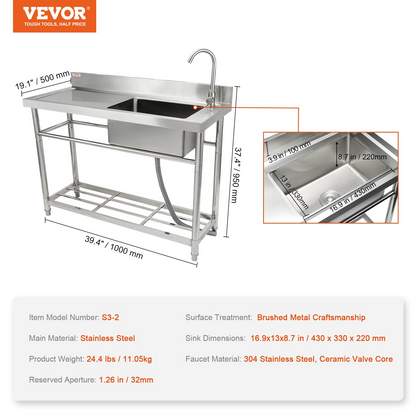 VEVOR Stainless Steel Utility Sink, Free Standing Single Bowl Commercial Kitchen Sink Set w/Workbench, 100.1 x 48.5 x 95 cm Commercial Single Bowl Sinks for Garage, Restaurant, Laundry, NSF Certified