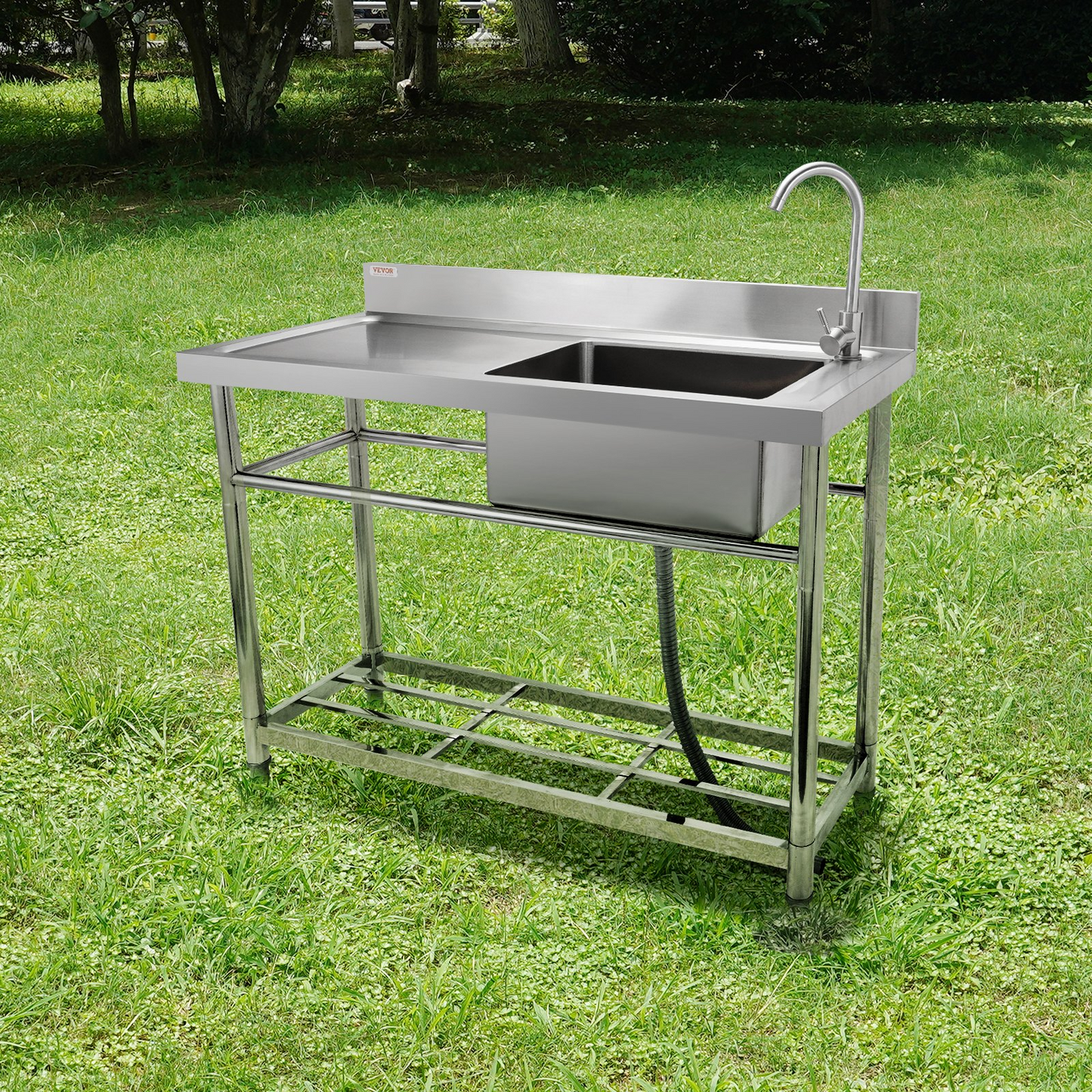 VEVOR Stainless Steel Utility Sink, Free Standing Single Bowl Commercial Kitchen Sink Set w/Workbench, 100.1 x 48.5 x 95 cm Commercial Single Bowl Sinks for Garage, Restaurant, Laundry, NSF Certified