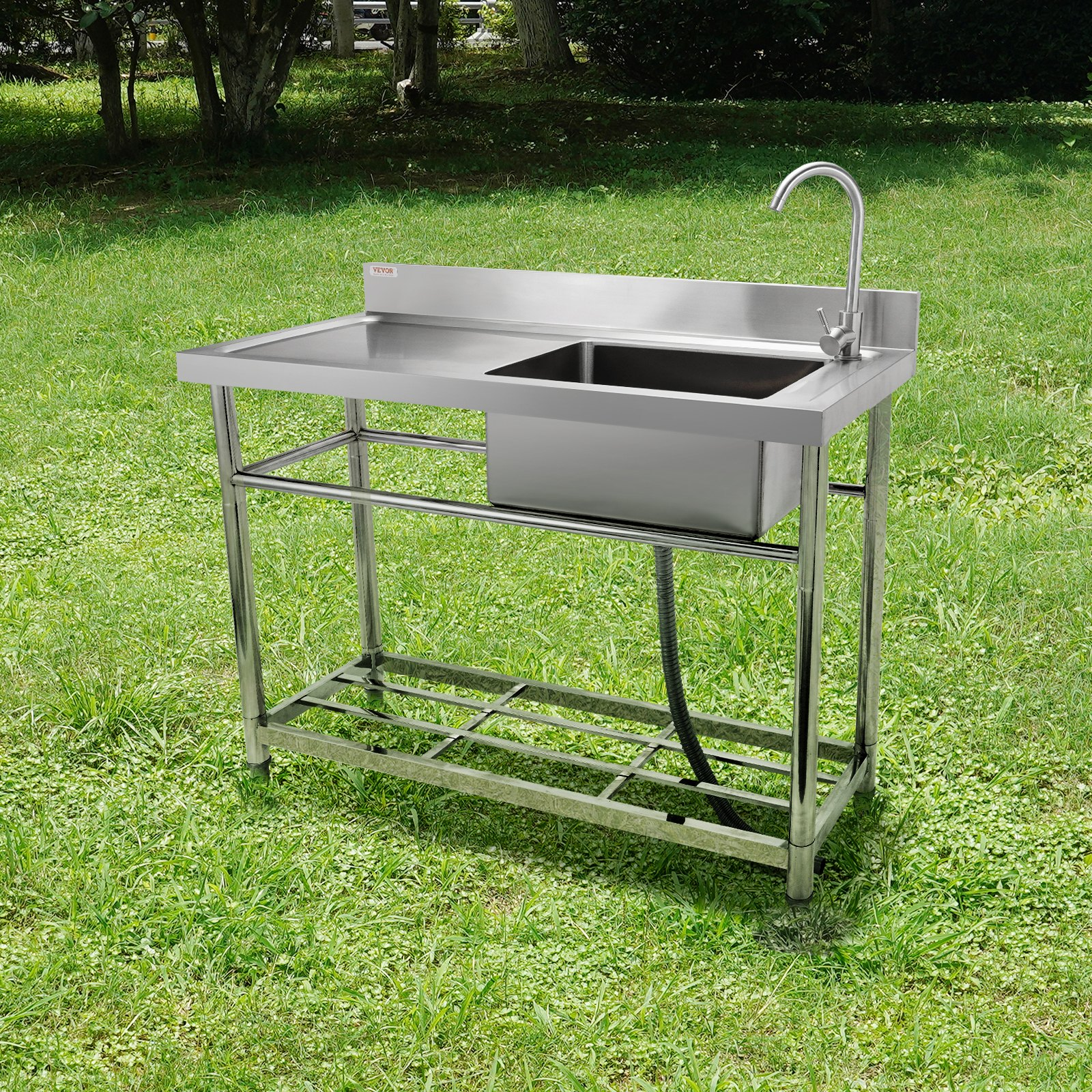 VEVOR Stainless Steel Utility Sink, Free Standing Single Bowl Commercial Kitchen Sink Set w/Workbench, 100.1 x 48.5 x 95 cm Commercial Single Bowl Sinks for Garage, Restaurant, Laundry, NSF Certified