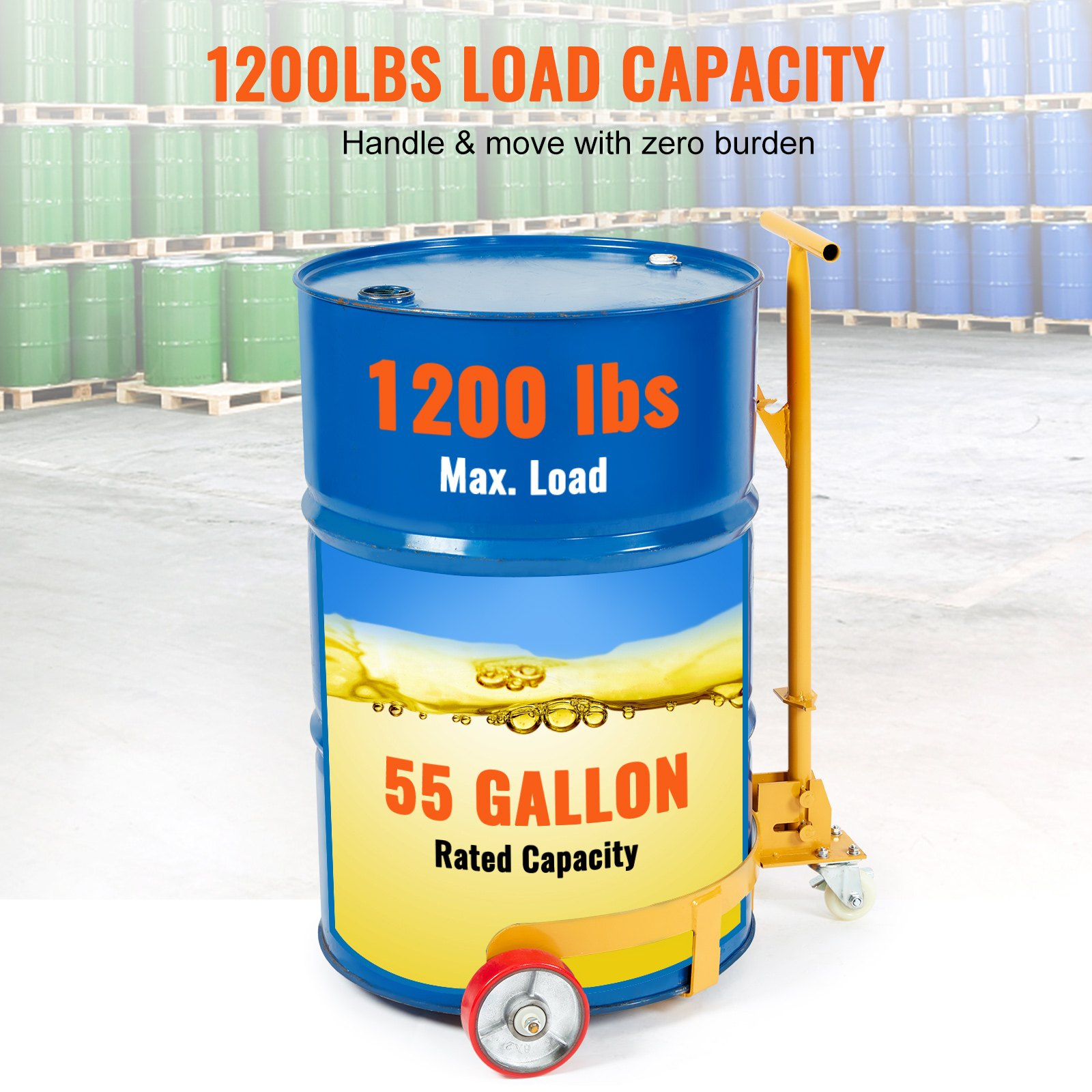 VEVOR 208.2 L Drum Dolly, 544.3 kg Load Capacity, Barrel Dolly Cart Drum Caddy Round Dolly Steel Low Profile, Heavy Duty Steel Frame with Adjustable Handle 3 Wheels, for Workshop Factory Warehouse