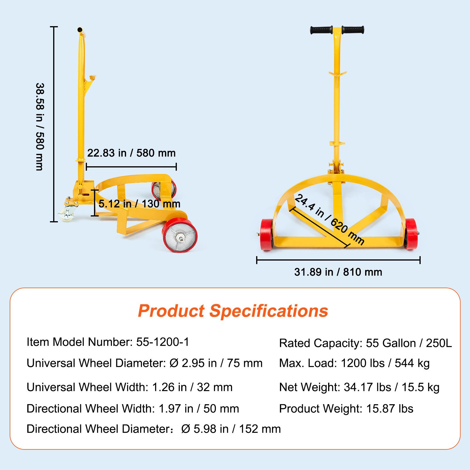 VEVOR 208.2 L Drum Dolly, 544.3 kg Load Capacity, Barrel Dolly Cart Drum Caddy Round Dolly Steel Low Profile, Heavy Duty Steel Frame with Adjustable Handle 3 Wheels, for Workshop Factory Warehouse