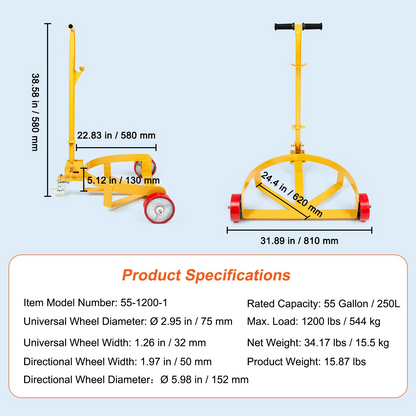 VEVOR 208.2 L Drum Dolly, 544.3 kg Load Capacity, Barrel Dolly Cart Drum Caddy Round Dolly Steel Low Profile, Heavy Duty Steel Frame with Adjustable Handle 3 Wheels, for Workshop Factory Warehouse